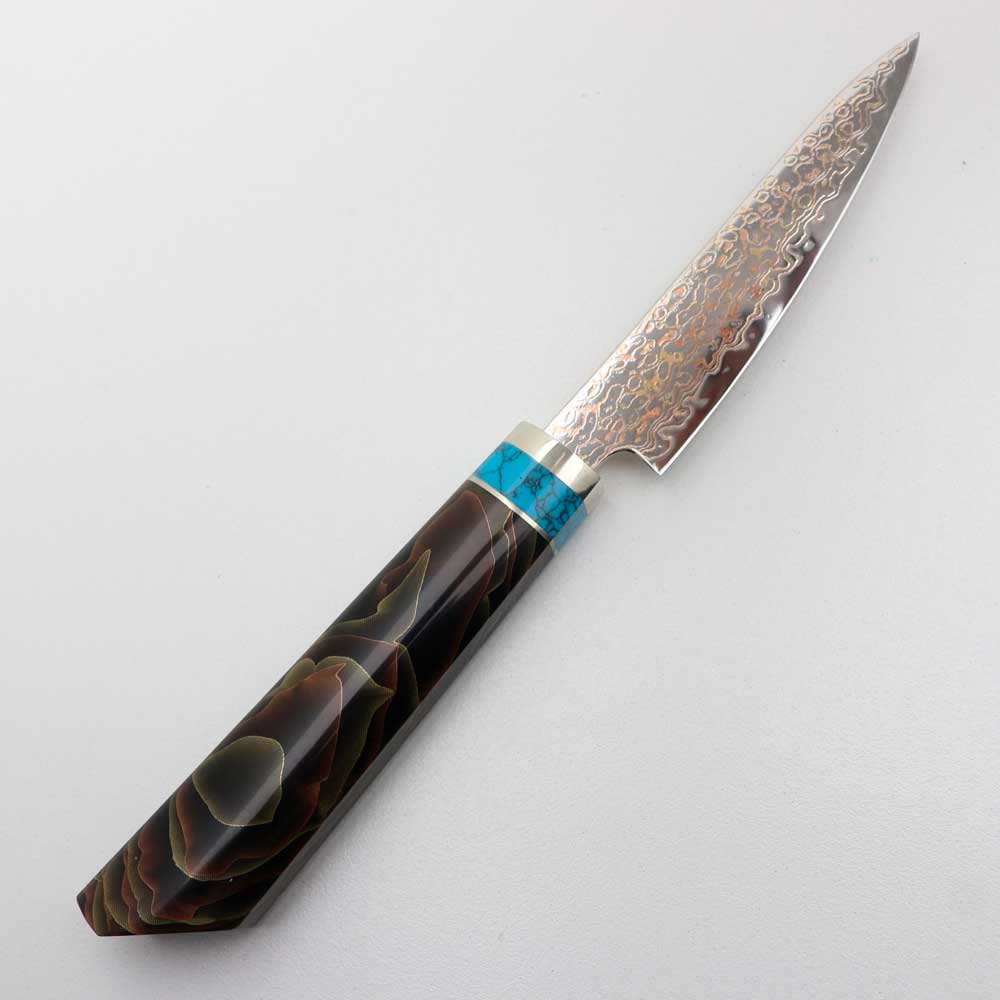Cuchillo Utilitario 13cm 10Cr+Damasco de Cobre Turquesa Latón+resina