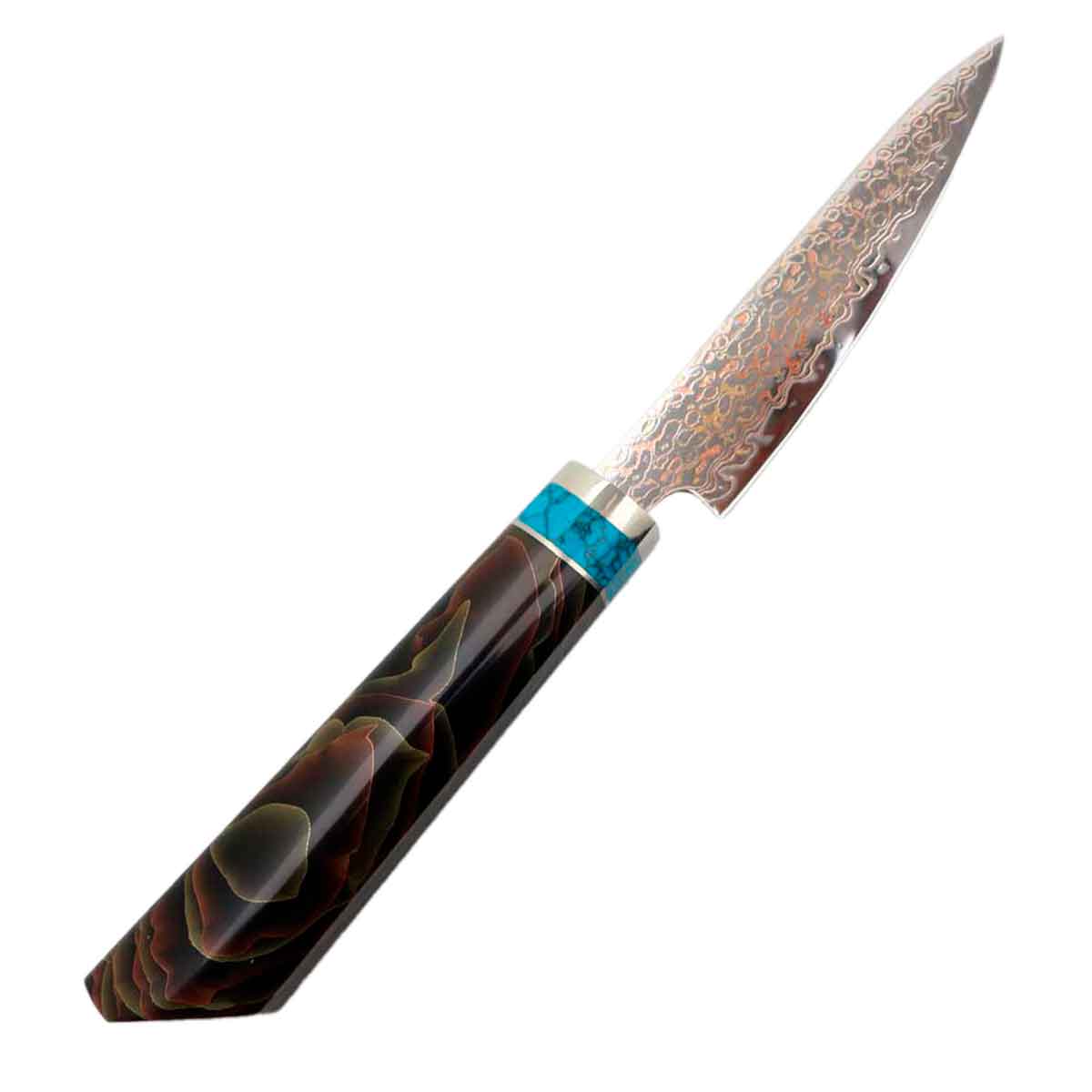 Cuchillo Utilitario 13cm 10Cr+Damasco de Cobre Turquesa Latón+resina