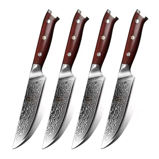Cuchillo Bistec 13cm 10Cr+Damasco GOTAS de LLUVIA PaloRosa (Set x4 unidades)