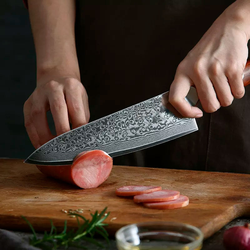 Cuchillo Gyuto 21cm 10Cr+Damasco GOTAS de LLUVIA PaloRosa