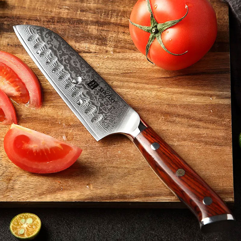 Cuchillo Santoku 18cm 10Cr+Damasco GOTAS de LLUVIA PaloRosa
