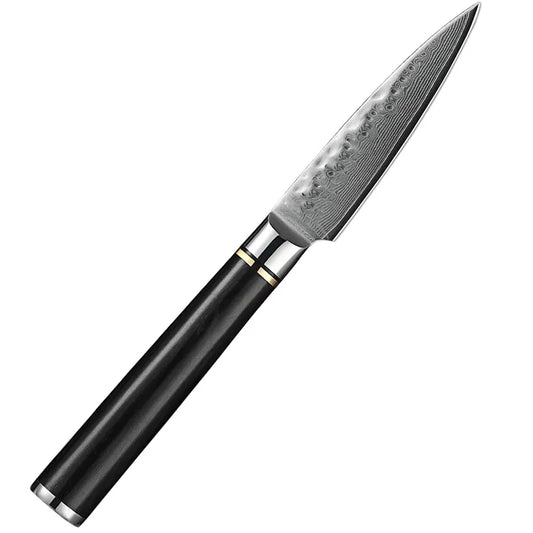 Cuchillo Petty 9cm 10Cr+Damasco Martillado Ebano+Bronce