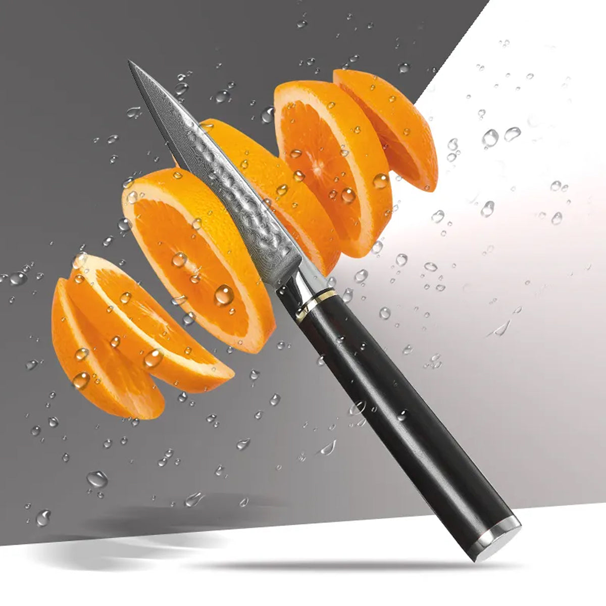 Cuchillo Petty 9cm 10Cr+Damasco Martillado Ebano+Bronce