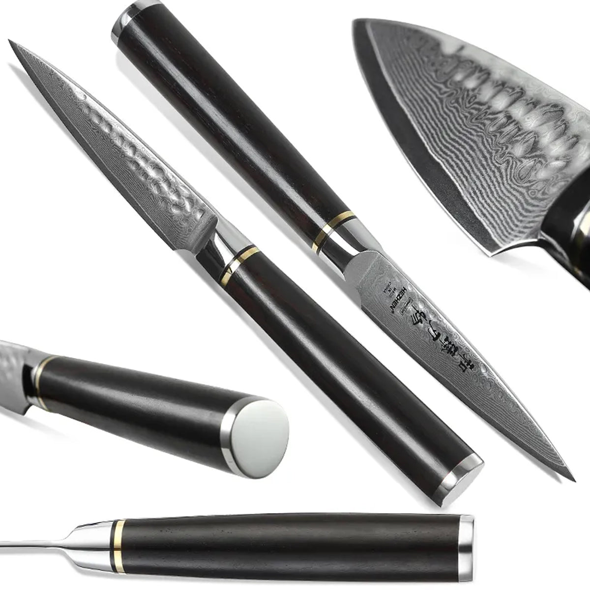 Cuchillo Petty 9cm 10Cr+Damasco Martillado Ebano+Bronce