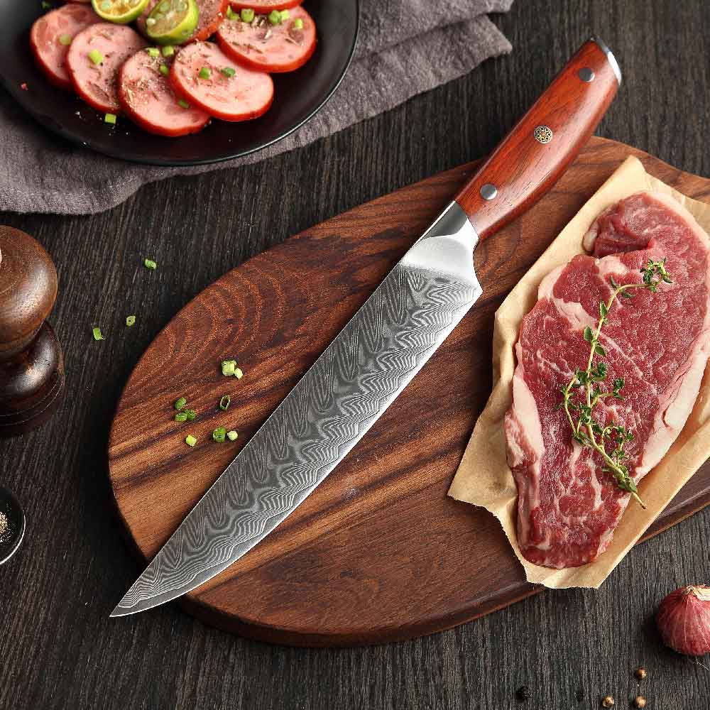 Cuchillo Rebanar 21cm 10Cr+Damasco Espina PaloRosa