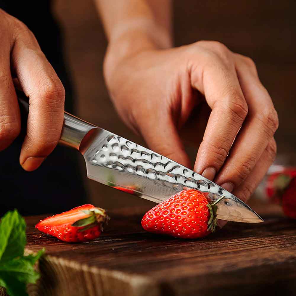 Cuchillo Petty 9cm 14Cr+Damasco Martillado PaloRosa | PREMIUM