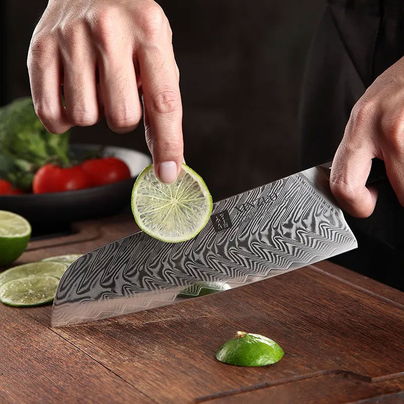Cuchillo Santoku 18cm 10Cr+Damasco Espina G10 Negro