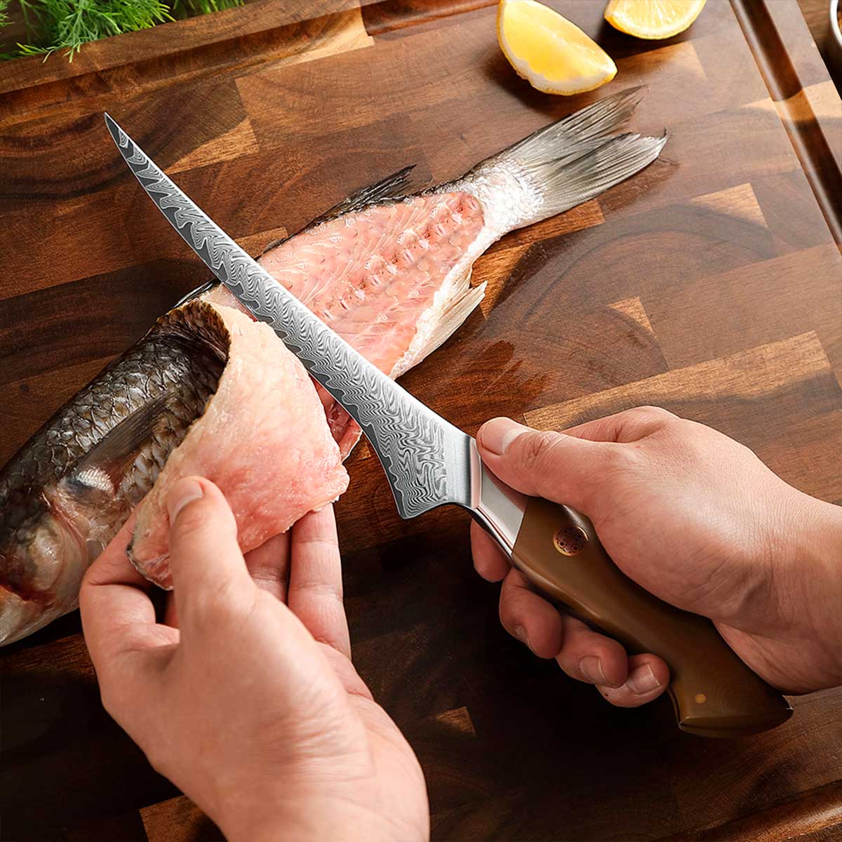 Cuchillo Fileteador 19cm 10Cr+Damasco Flamas Linen Micarta