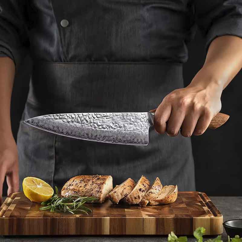 Cuchillo de Chef 21cm AUS10+damasco Martillado Nogal