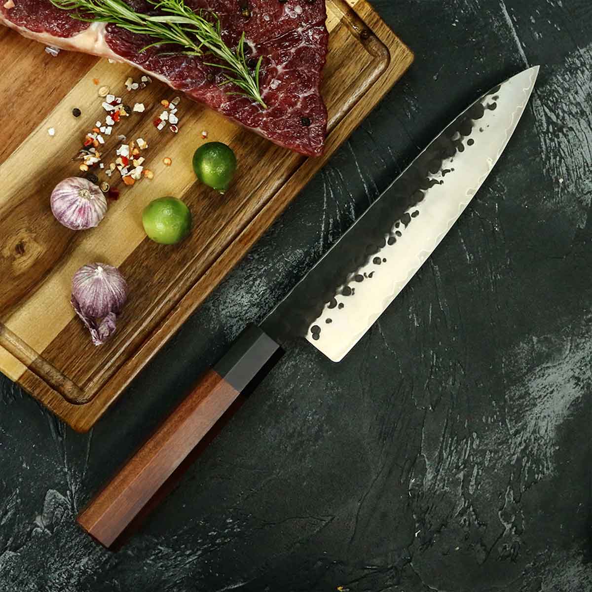 Cuchillo Gyuto 21cm 10Cr Martillado+Kurouchi Ébano+Secuoya