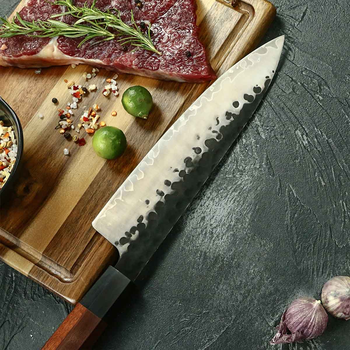 Cuchillo Gyuto 21cm 10Cr Martillado+Kurouchi Ébano+Secuoya