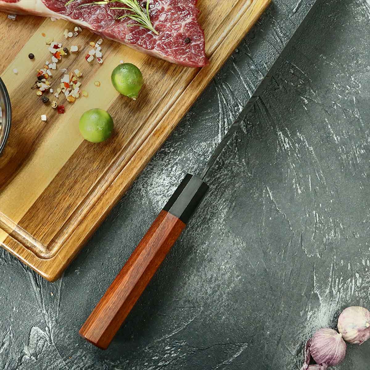 Cuchillo Gyuto 21cm 10Cr Martillado+Kurouchi Ébano+Secuoya