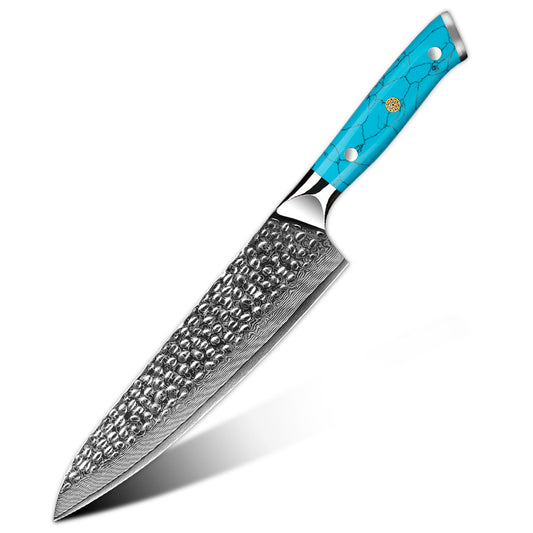 Cuchillo Gyuto 21cm 10Cr+Damasco Martillado Turquesa