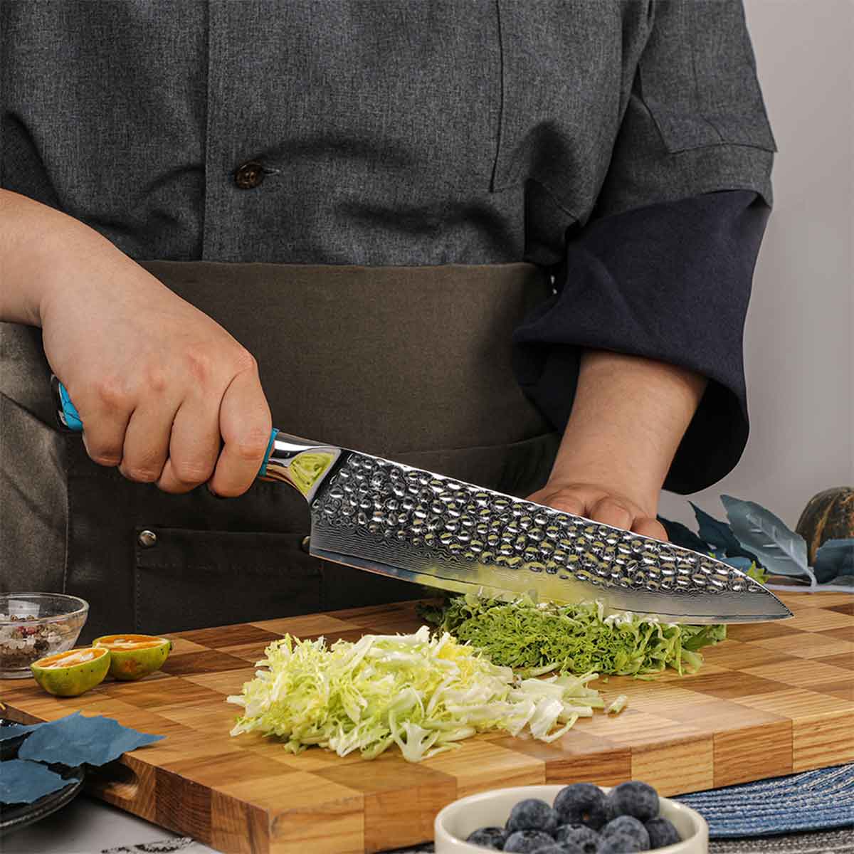 Cuchillo Gyuto 21cm 10Cr+Damasco Martillado Turquesa