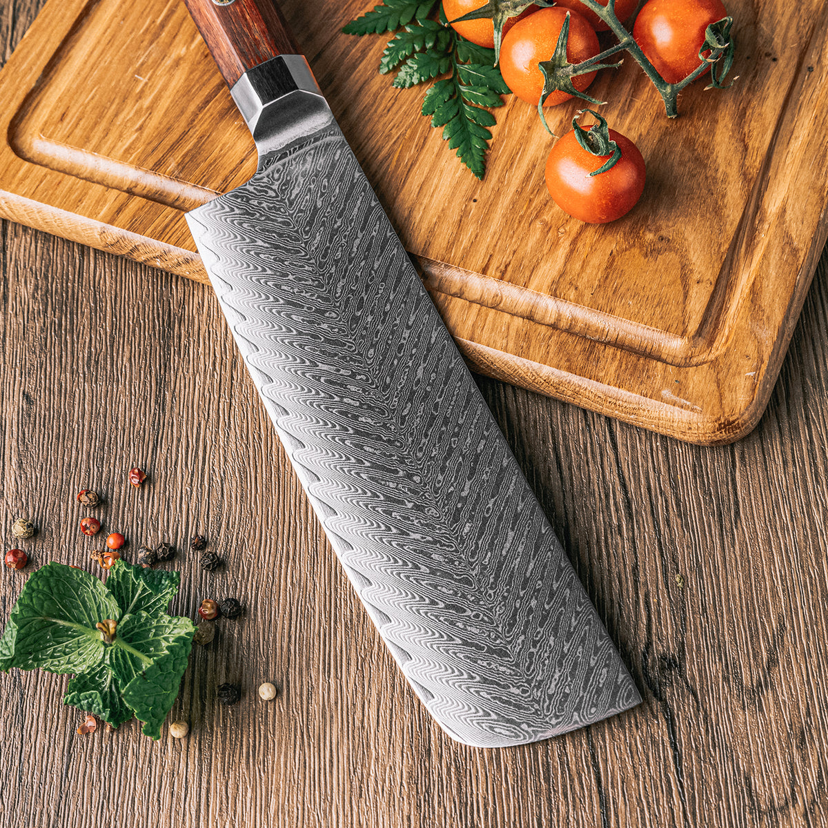 Cuchillo Nakiri 17cm 10Cr+Espina Damasco66 oct Palo Rosa Africano detalle de damasco espinazo de pescado