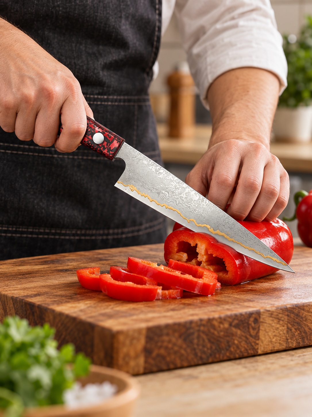 Cuchillo Garasuki 15cm 10Cr+Olas Cobre Damasco54 Resina Roja y Carbono cortando verduras, sobre una tabla de picar.