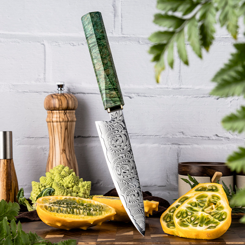 Cuchillo Utilitario 14cm 10Cr+Rosa Damasco66 Madera EST Verde y Cobre.