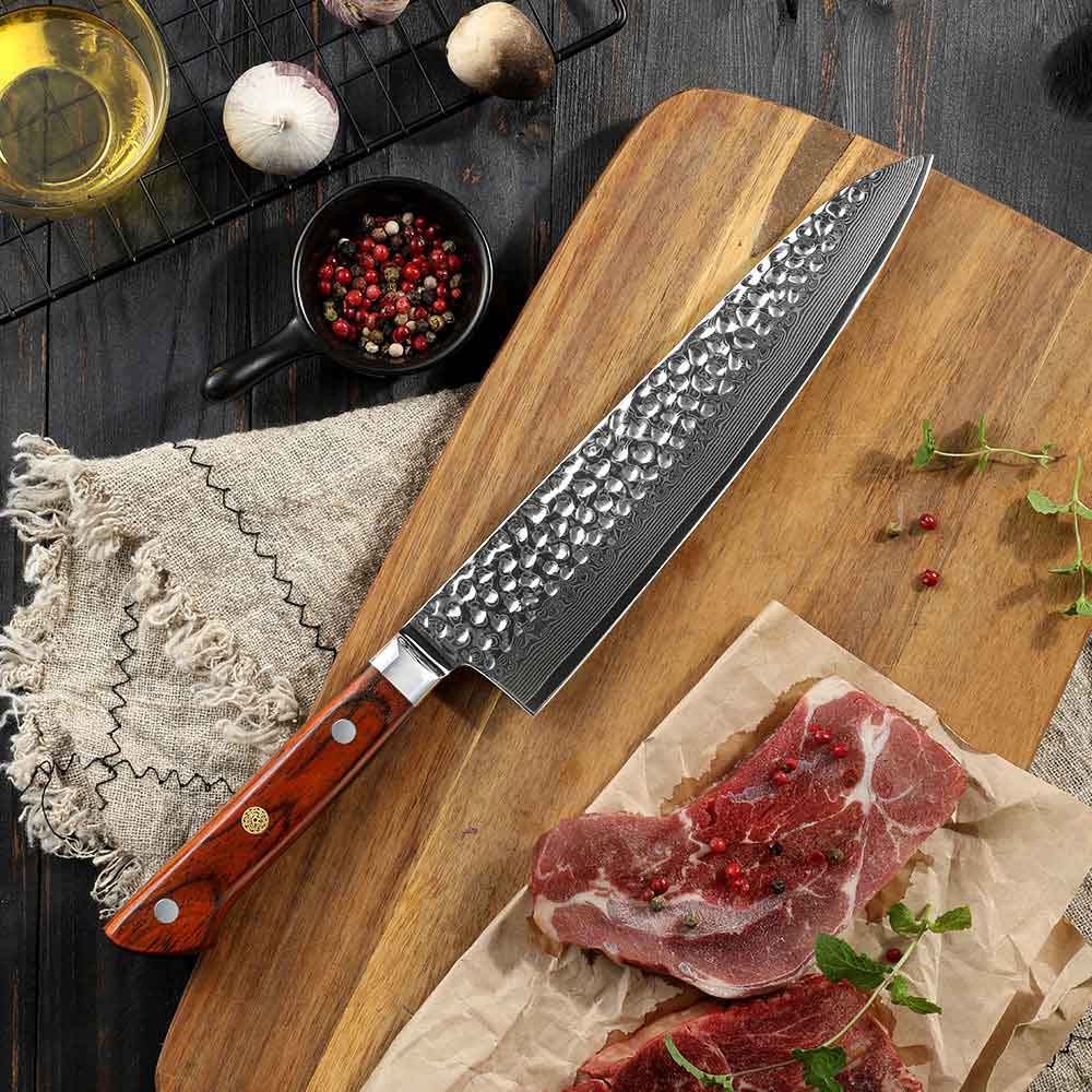 Cuchillo Gyuto 21cm 10Cr Damasco Martillado RoseWood clásico