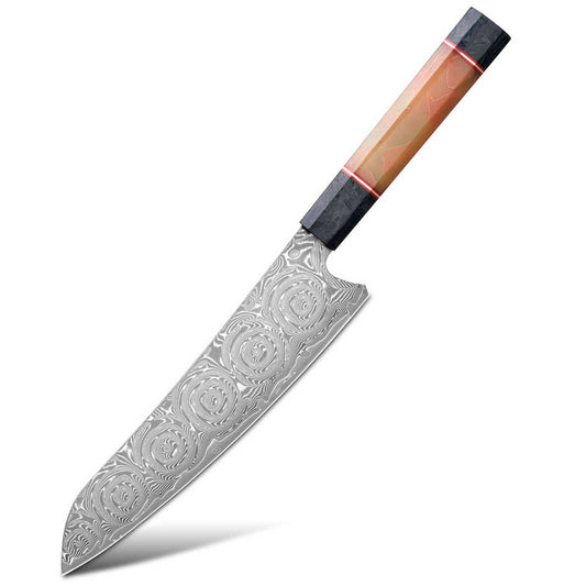 Cuchillo Gyuto 21cm 10Cr+Damasco Rosas Resina Fluorescente