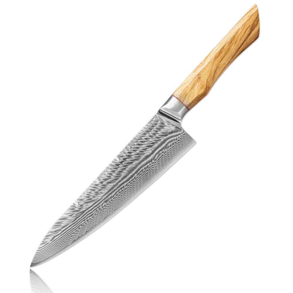 Cuchillo Gyuto 20 cm AUS-10+Damasco Pluma mango Olivo