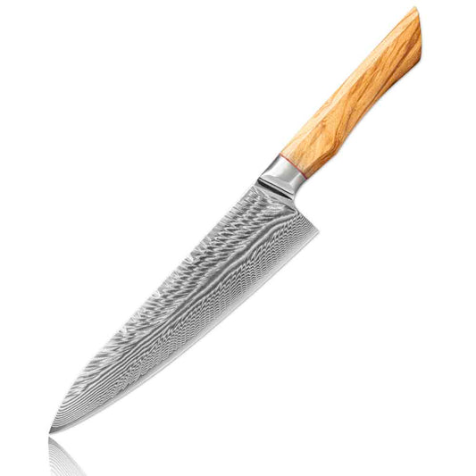 Cuchillo Gyuto 20 cm AUS-10+Damasco Pluma mango Olivo