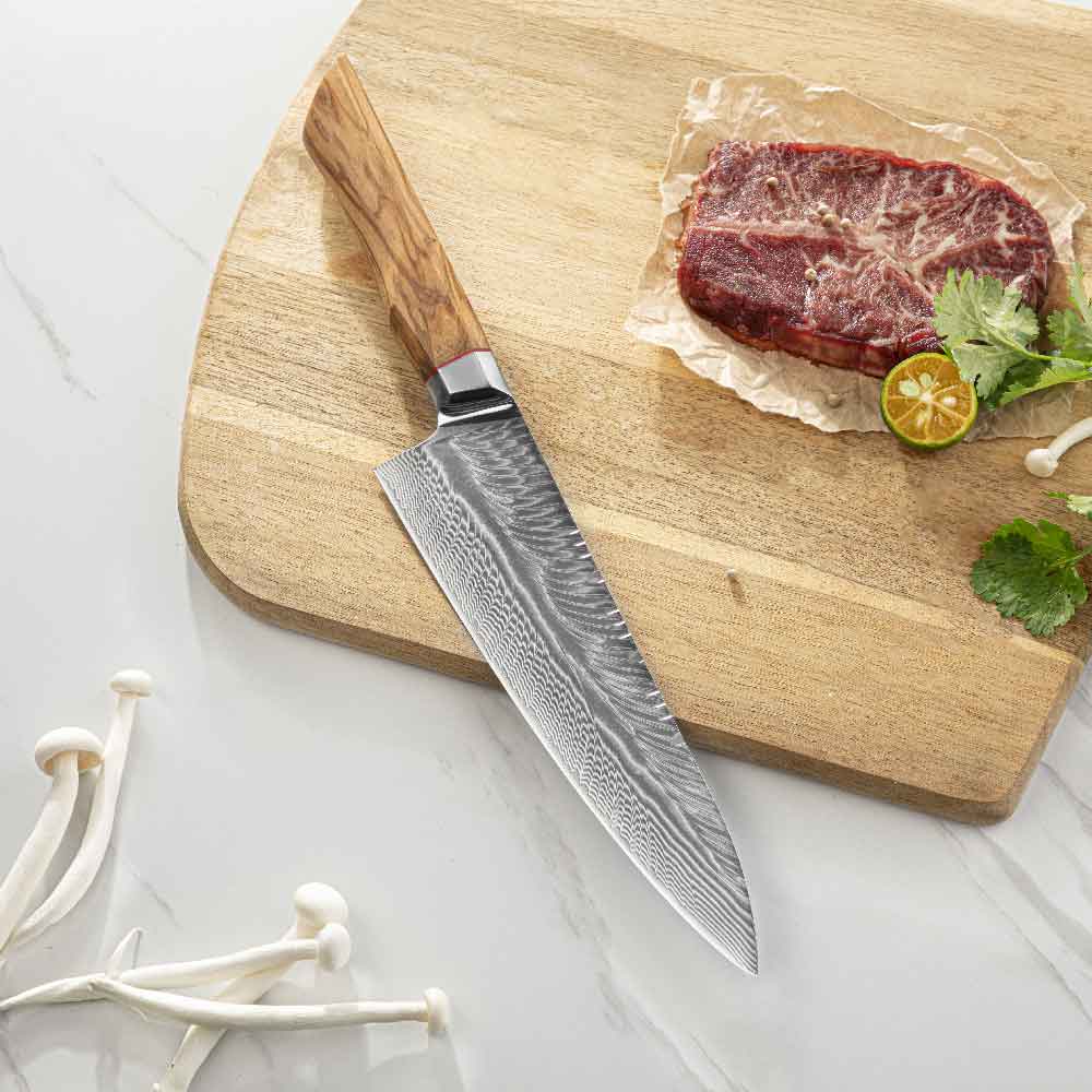 Cuchillo Gyuto 20 cm AUS-10+Damasco Pluma mango Olivo
