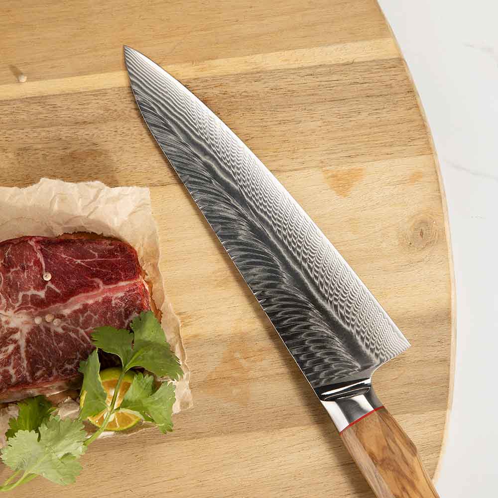 Cuchillo Gyuto 20 cm AUS-10+Damasco Pluma mango Olivo