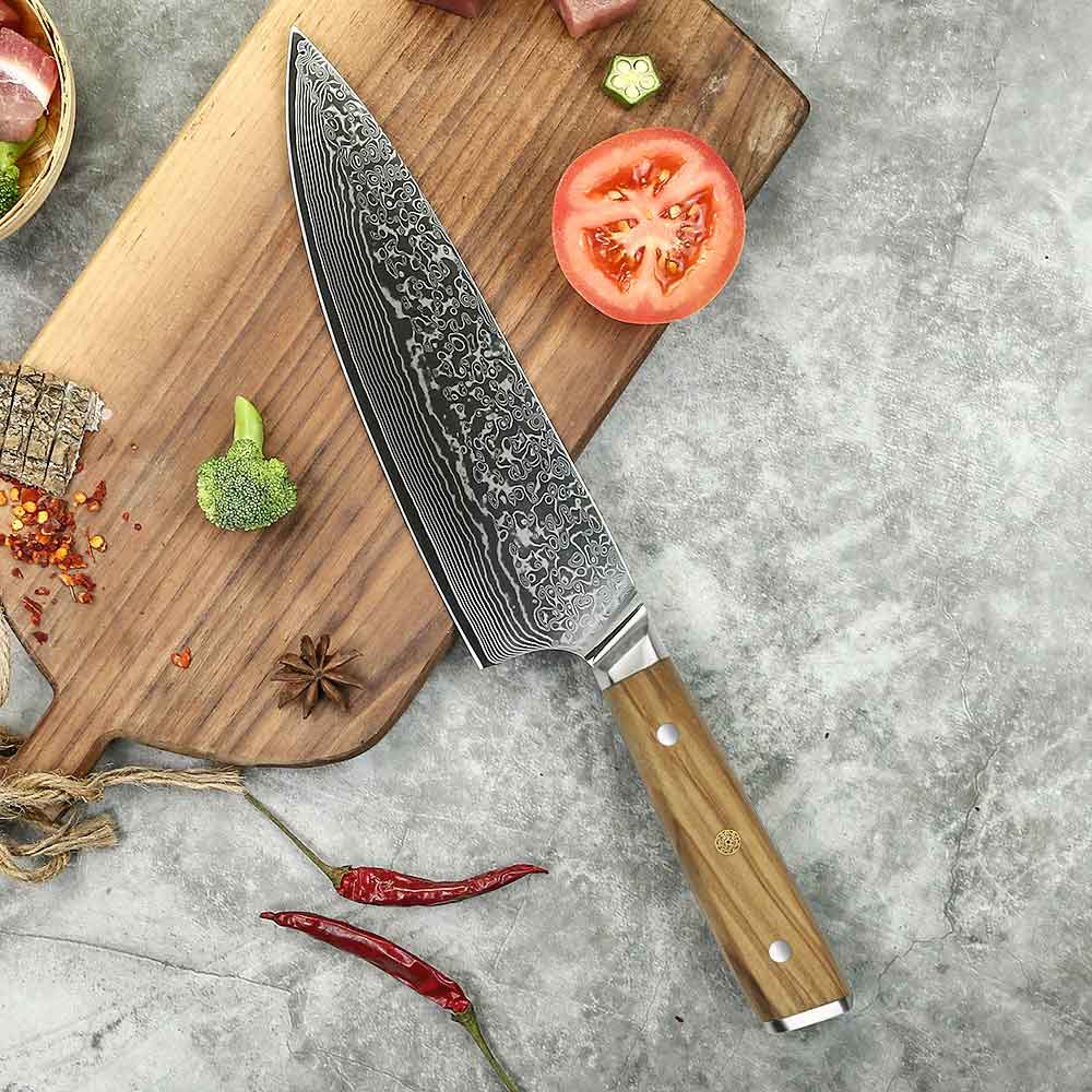 Cuchillo Gyuto 21cm+saya 10Cr+Damasco Olivo