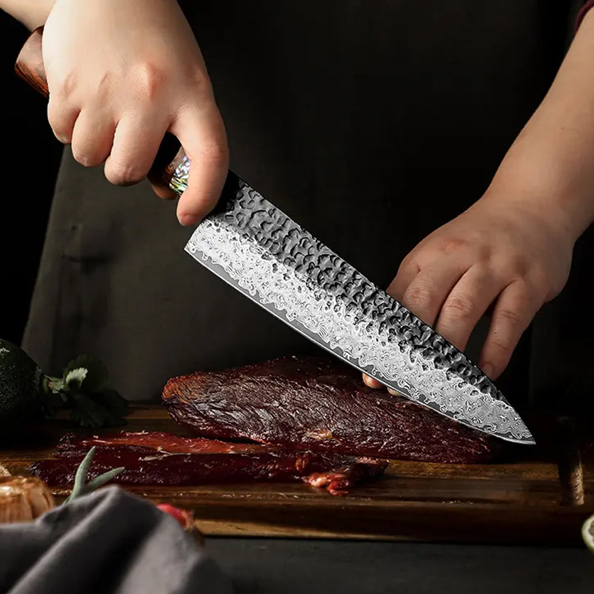 Cuchillo Gyuto 21cm 10Cr Damasco Martillado+Kurouchi Ironwood