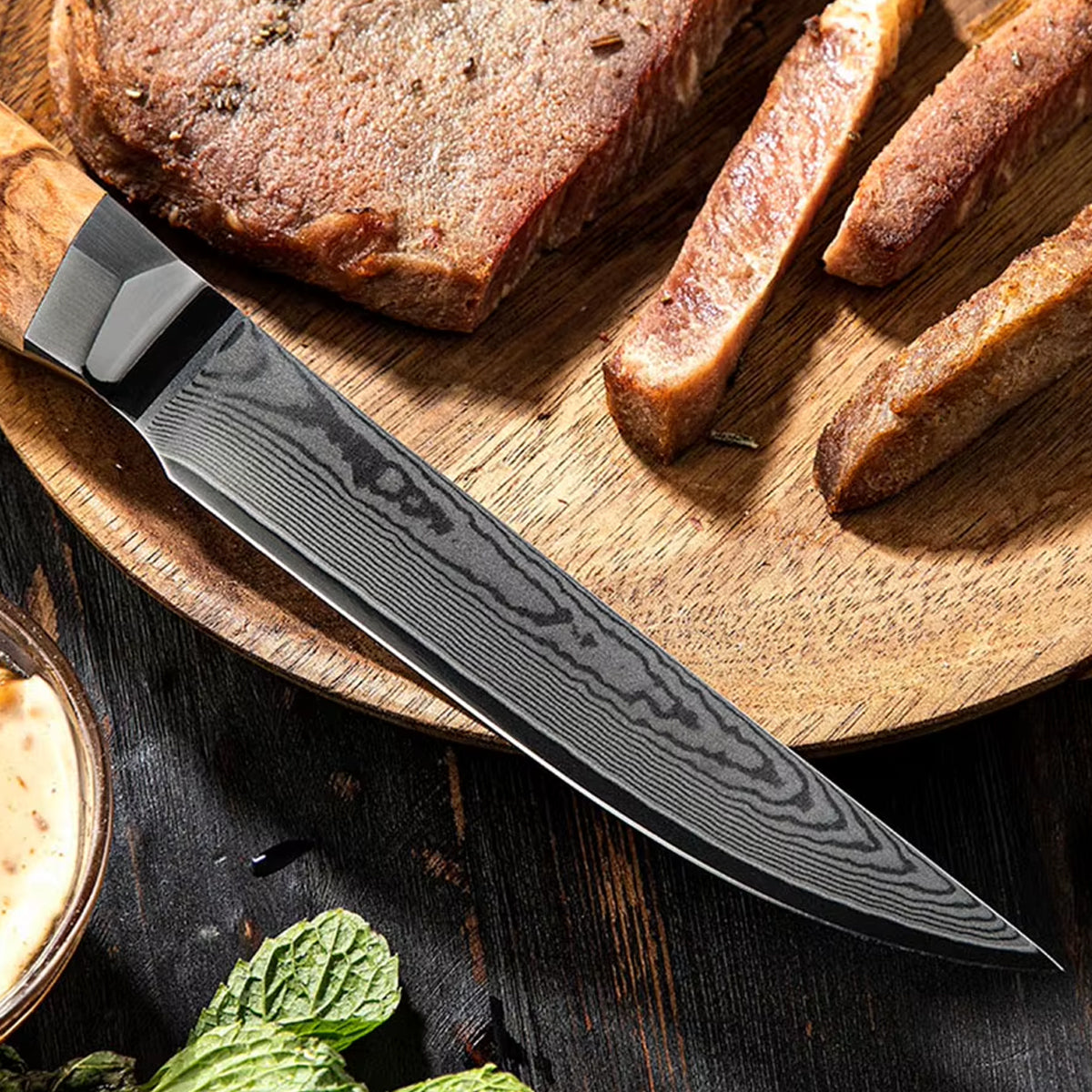 Cuchillo Bistec 13cm 10Cr+Damasco Olivo (Set x4 unidades)