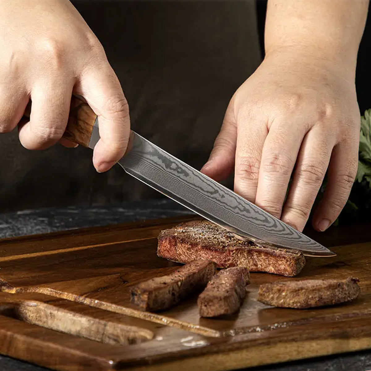 Cuchillo Bistec 13cm 10Cr+Damasco Olivo (Set x4 unidades)