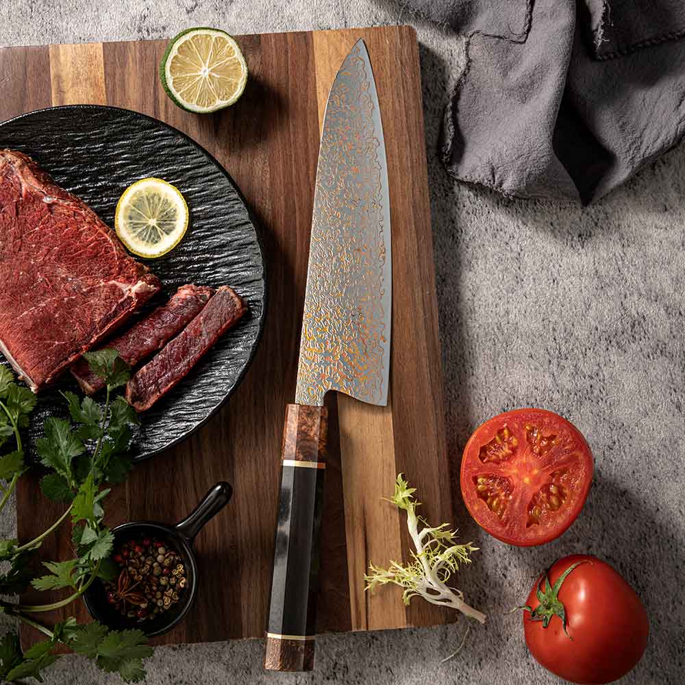 Cuchillo Gyuto 21cm 10Cr+Damasco de Cobre Burl+Ebano