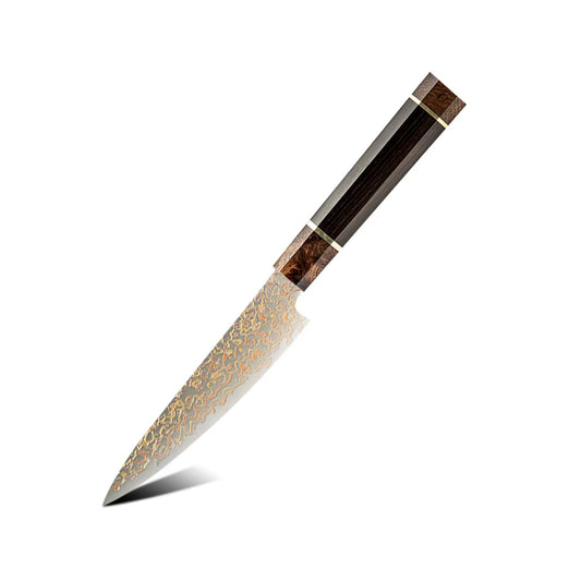 Cuchillo Utilitario 13cm 10Cr+Damasco de Cobre Burl+Ebano