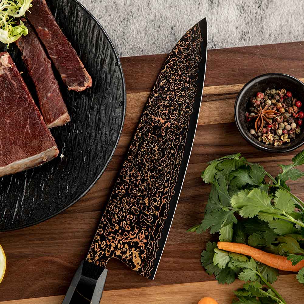 Cuchillo Gyuto 21cm 10Cr+Kurouchi Damasco de Cobre