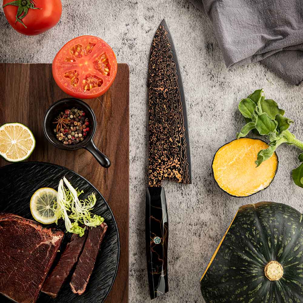 Cuchillo Gyuto 21cm 10Cr+Kurouchi Damasco de Cobre