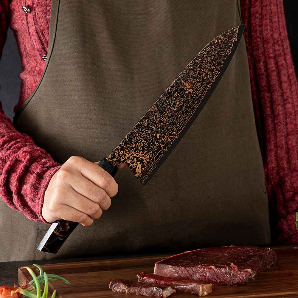 Cuchillo Gyuto 21cm 10Cr+Kurouchi Damasco de Cobre
