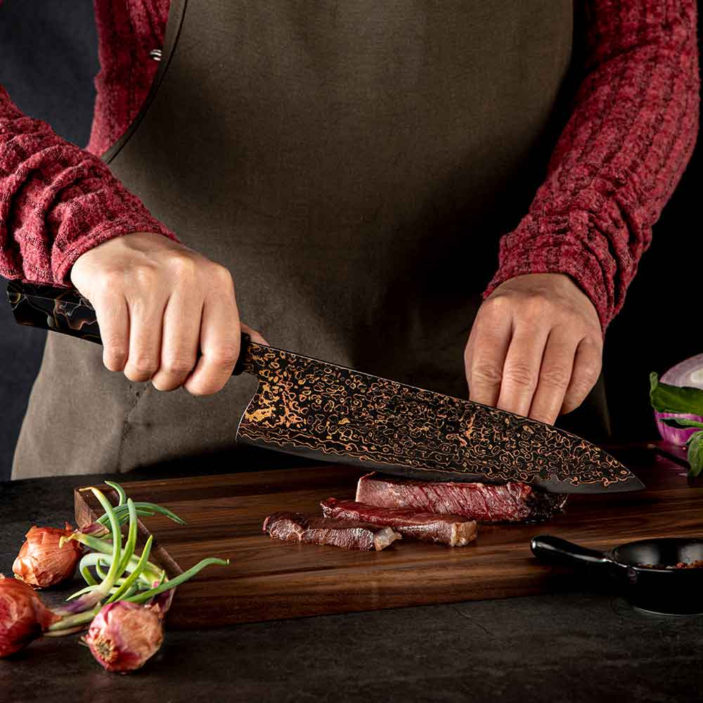 Cuchillo Gyuto 21cm 10Cr+Kurouchi Damasco de Cobre