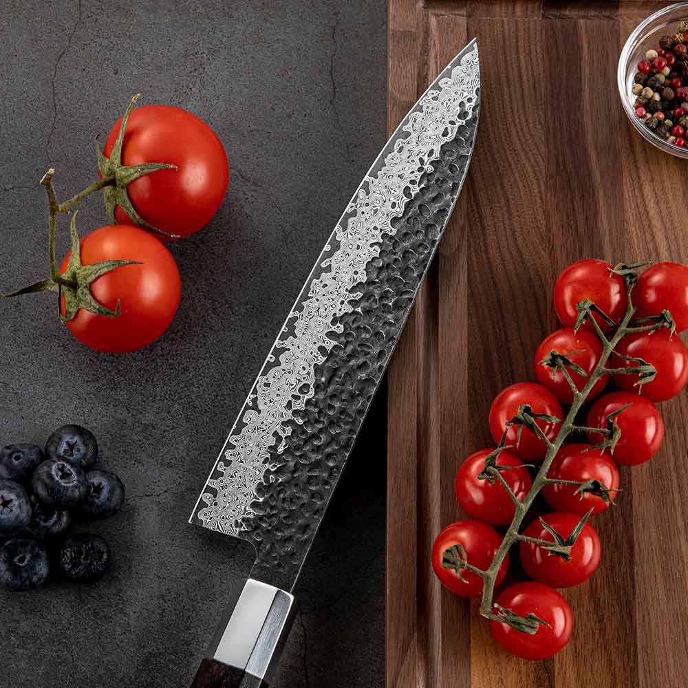 Cuchillo Gyuto 21cm 10Cr+Kurouchi Damasco mango Inox+Ebano