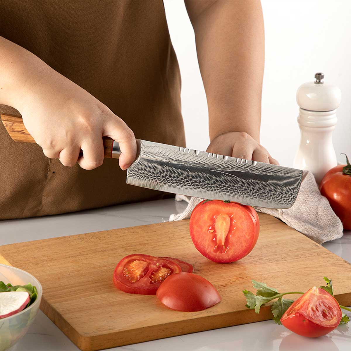 Cuchillo Nakiri 18cm AUS10+Damasco Pluma mango Olivo + Funda