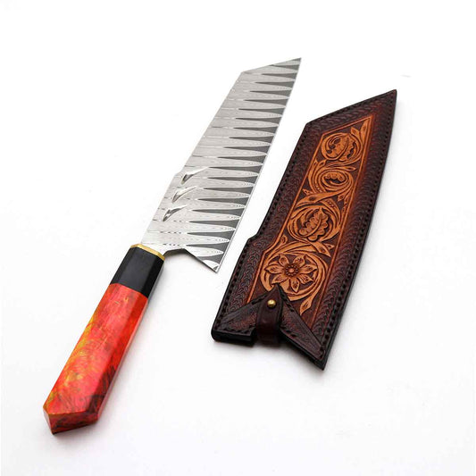 Cuchillo Bunka 20cm 10Cr+Damasco Resina + Funda de cuero a medida