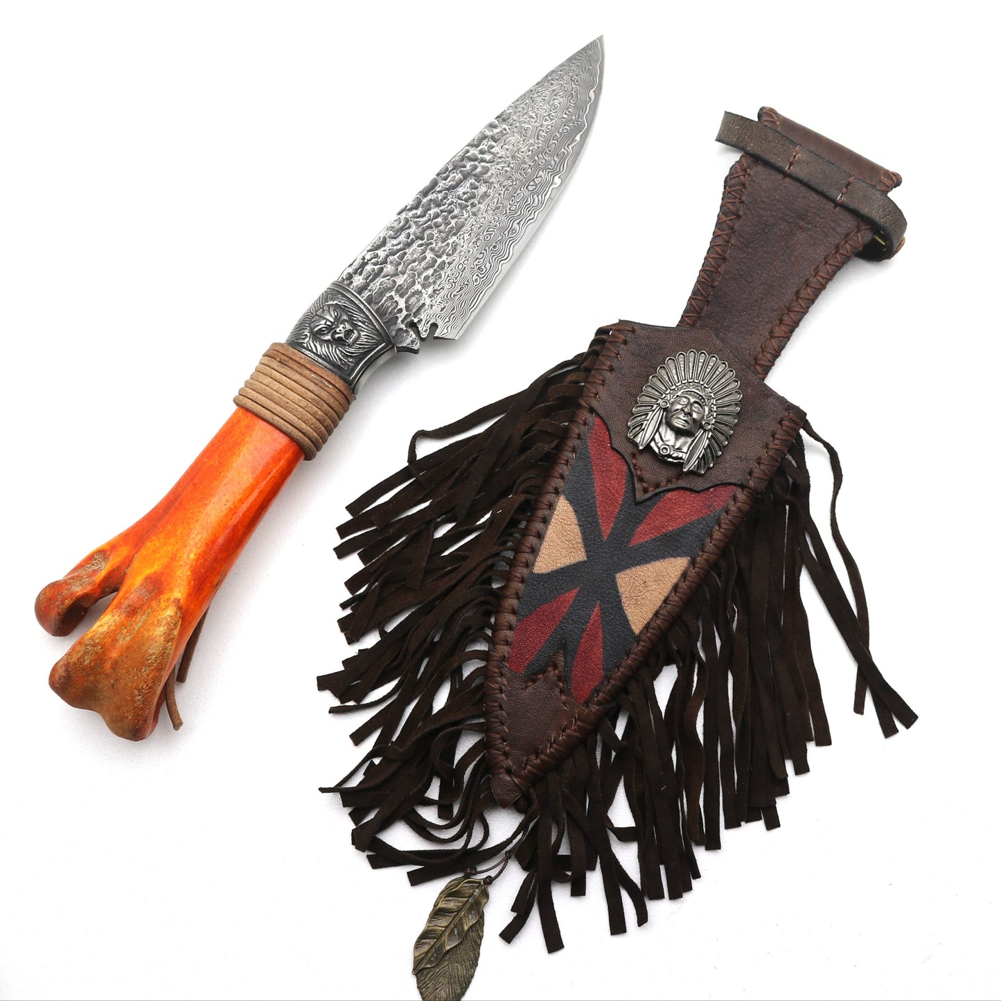 Cuchillo Supervivencia 13cm Damasco Hueso de avestruz + funda de cuero a medida