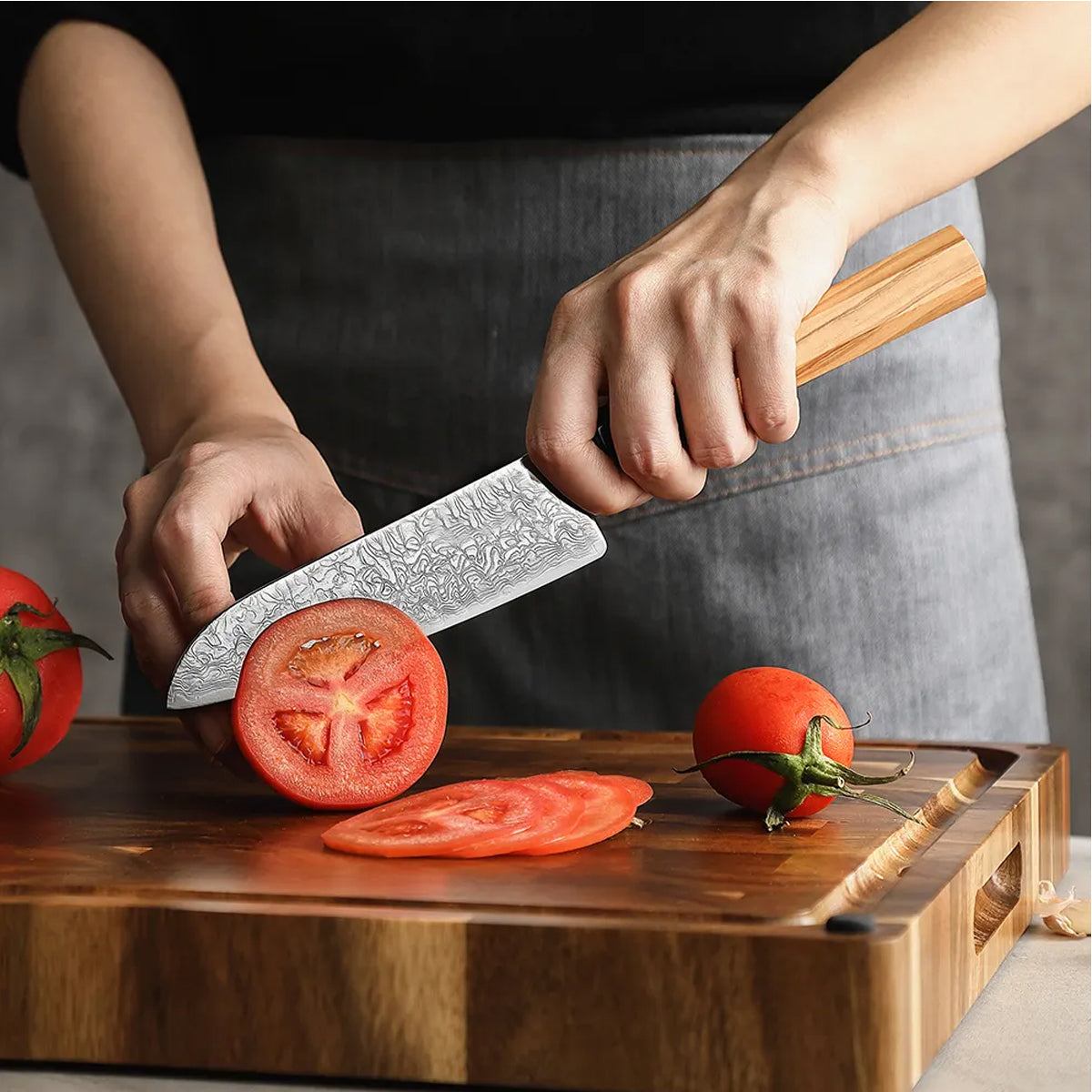 Cuchillo Mini Santoku 14cm 10Cr+Damasco Olivo