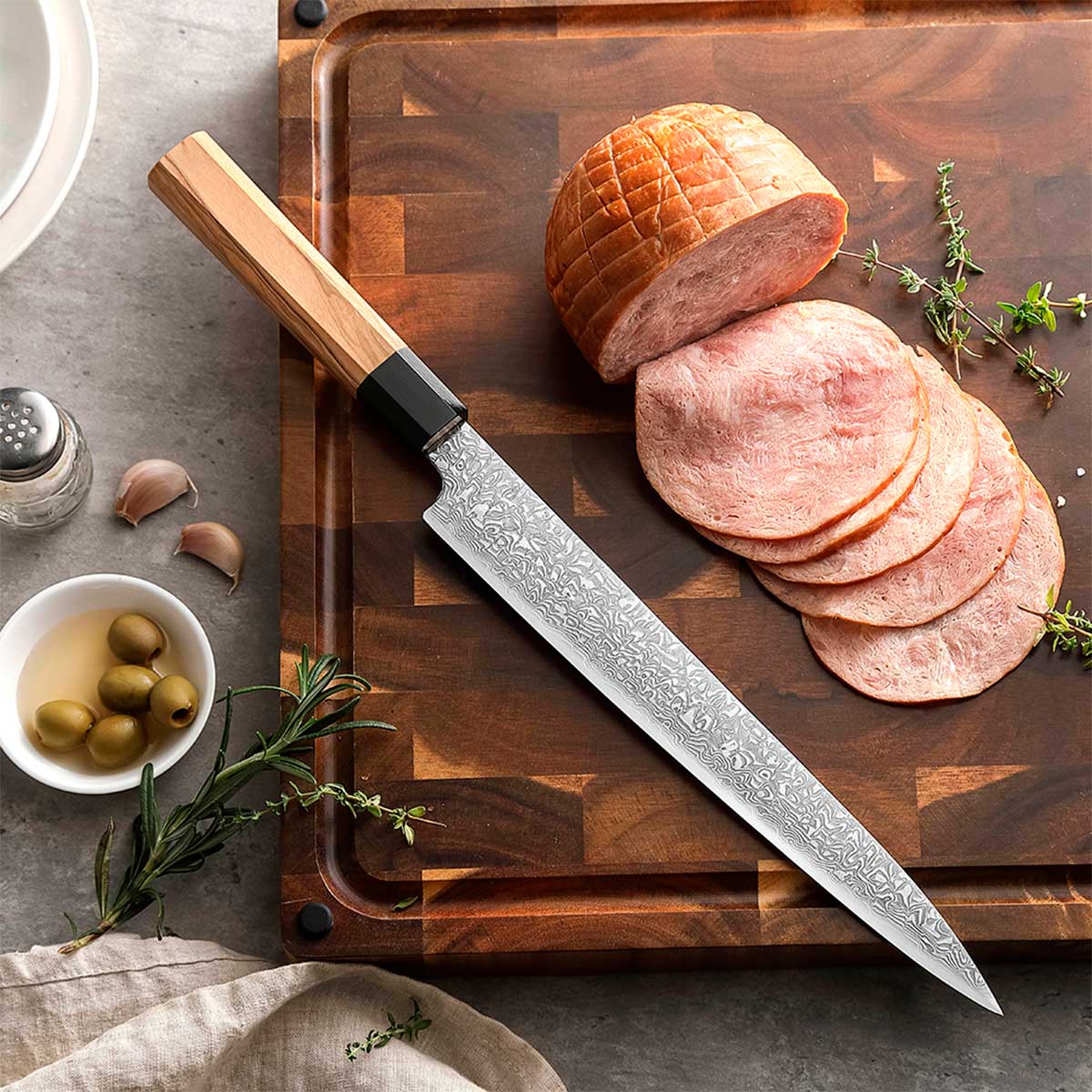 Cuchillo Fileteador 26cm 10Cr+Damasco Onda expansiva Olivo