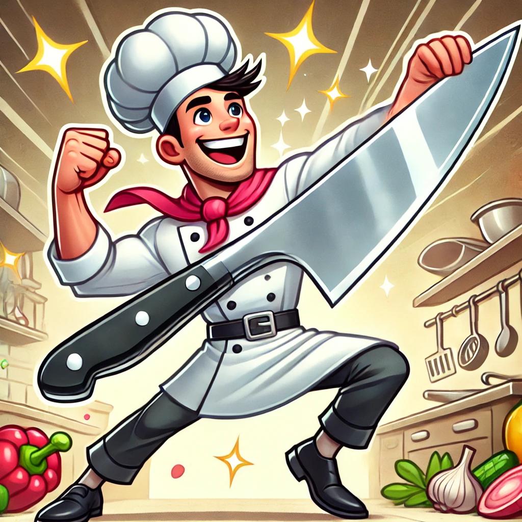 Un chef sonriente sosteniendo orgullosamente un cuchillo de cocina brillante y de gran tamaño, con destellos que indican su filo perfecto. El chef podría tener una postura heroica, como si el cuchillo fuera su espada en una aventura culinaria.