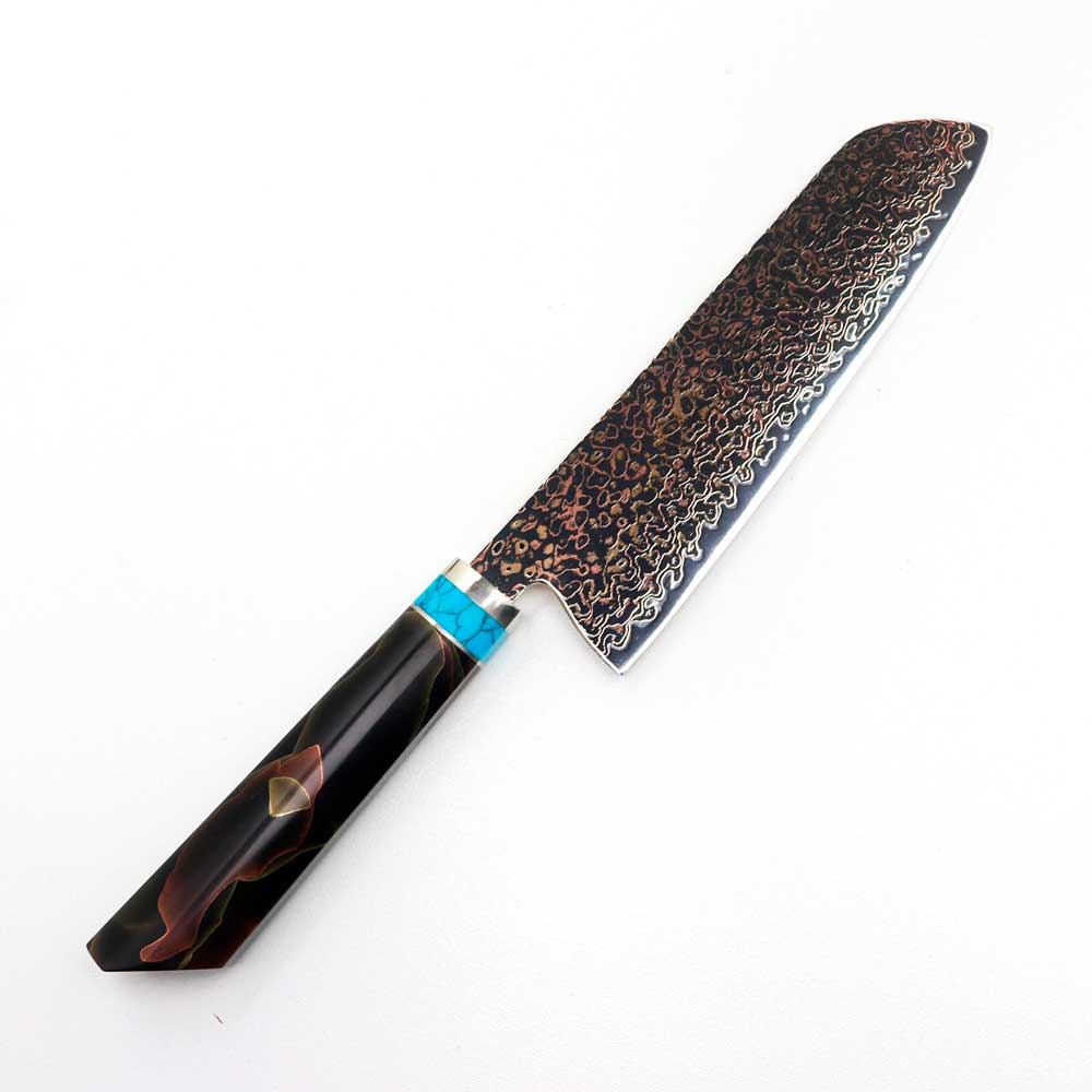 Cuchillo Santoku 18cm 10Cr+Damasco de Cobre Turquesa Latón+Resina
