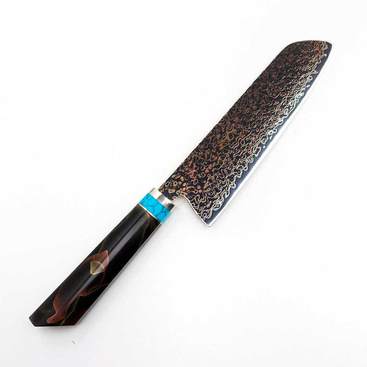 Cuchillo Santoku 18cm 10Cr+Damasco de Cobre Turquesa Latón+Resina