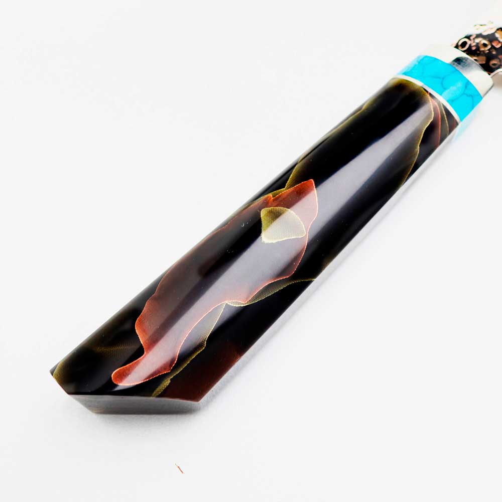 Cuchillo Utilitario 13cm 10Cr+Damasco de Cobre Turquesa Latón+resina