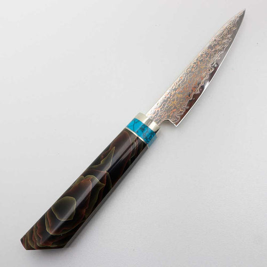 Cuchillo Utilitario 13cm 10Cr+Damasco de Cobre Turquesa Latón+resina