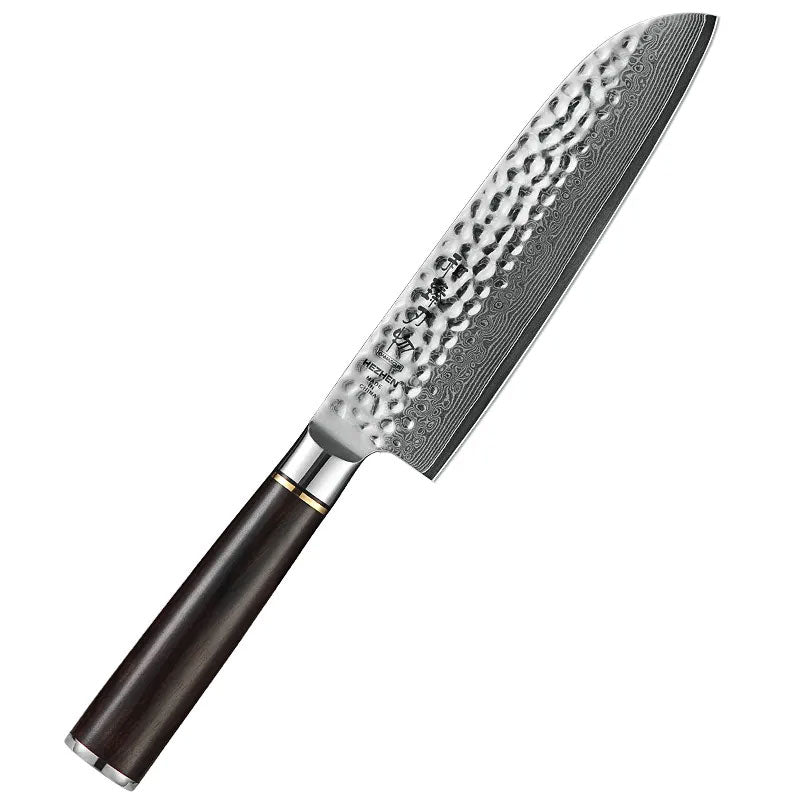 Cuchillo Santoku 18cm 10Cr+Damasco Martillado Ebano+Bronce