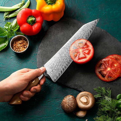 Cuchillo Gyuto 22cm 10Cr+Damasco Flamas Linen Micarta